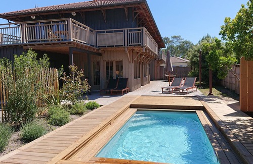 Vendays-Montalivet Casa | Casa de madera catalogada 4 * piscina climatizada, cerca de la playa del océano, capacidad para 10 a 14