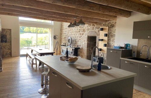 Vaudevant Otro | Modern stone farmhouse for groups has Swedish bath infinity pool billiard view