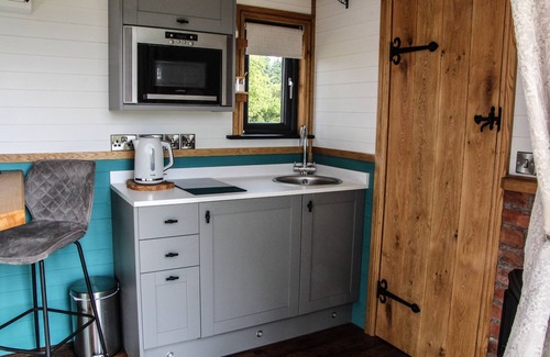 Newcastle-on-Clun Cabina | Cwm Cariad - Shepherds Hut with Hot Tub Sleeping 2 guests, Pet Friendly