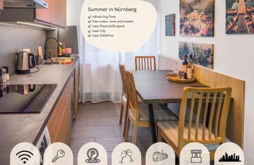 Mitte Apartamento | Falk Homes- Luxus Apartments, ideal für Geschäftsreisende & Familien - nahe Messe, im Zentrum Nürnbergs mit Balkon, Arbeitsplatz & Parkplatz, Handtücher & Bettwäsche, nähe Playmobilfunpark, self check-in