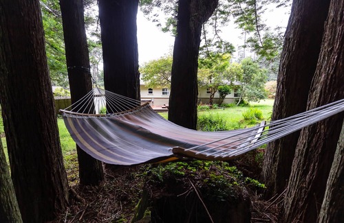 Little River Cabaña | Forest oasis 3 min from beach + Hot Tub + Fire Pit