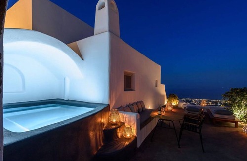 Pyrgos Villa | Glorious Santorini Villa | Villa Nymphadora | 2 Bedrooms | Children Older than 12Y are Allowed | Breathtaking Sea Views | Outdoor Dining Area | Furnished Sun Terrace | Private Outdoor Heated Plunge Pool | Pyrgos