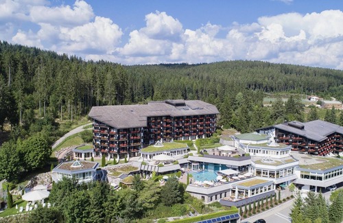 Schluchsee Apartamento | Suite clásica junto al bosque con cama doble, sala de estar independiente y terraza o balcón.