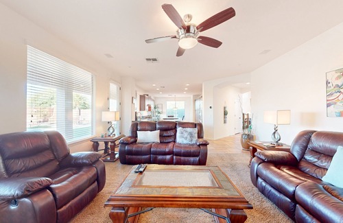 Seville Casa | Luxe snowbird-friendly haven with heated pool, gas fireplace, balcony, & firepit