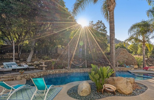 Calabasas Casa | Mediterranean paradise with lovely pool & spa, mountain-view yoga deck & patios
