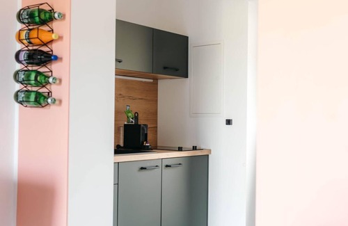 Burgau Apartamento | Pension Blumenwiese - Apartment, kitchen, shower/WC, terrace, garden view