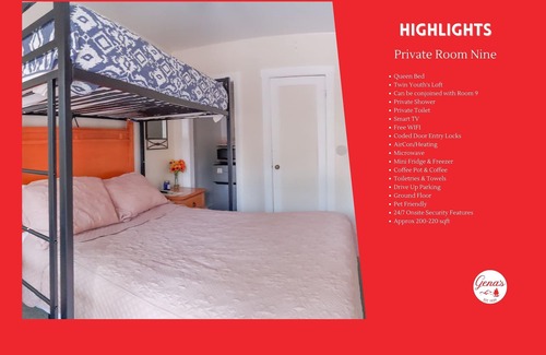 Dunlap Apartamento | Private Room #9: Queen Bed + Youth Twin Loft Bunk & Priv Bath