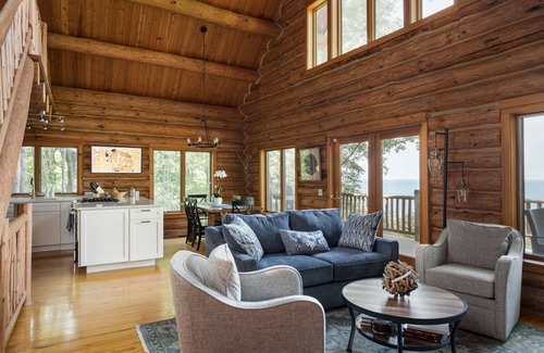 Lake Leelanau Cabina | Secluded Log Cabin Retreat on 11 Wooded Acres with Hot Tub & Lake Michigan Views