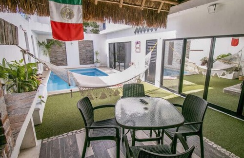 Cuzamil Villa | Studio Tortugas with outdoor pool, grill, palapa, mezzanine floor. Kids welcome