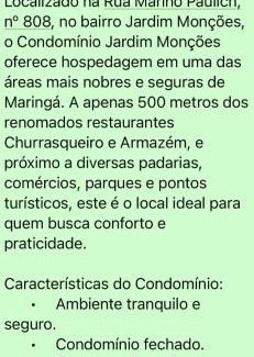 Maringa Apartamento | Suite independente condomínio cidade Moncoes