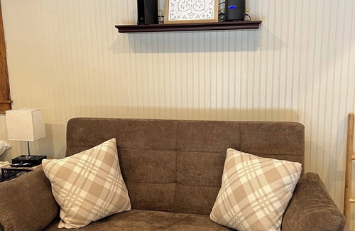 Marion Cabina | Tiny Cabin in the Laurels, with queen bed & queen sofa bed in wooded setting.