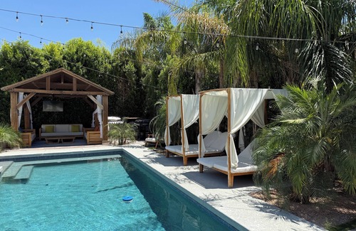 East Mesa Villa | Tropical Retreat with hot tub, heated pool, misters & fire pit