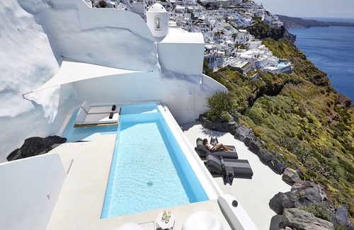 Firostefani Villa | Villa Etheras, piscina privada climatizada, 2 dormitorios, impresionantes vistas de la caldera