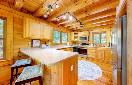 Mountain Vista Cabina | Woodsy cabin with hot tub, gas fireplace, firepit, balcony & gas grill