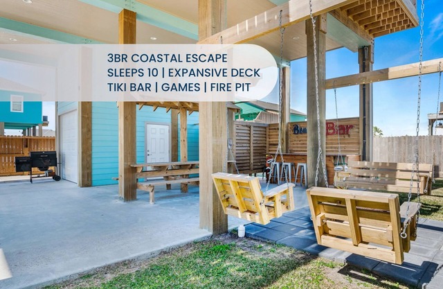 Coastal 3BR Retreat Sleeps 10 | Swing Deck, Tiki Bar, Grill & Fire Pit, Smart TVs & Pet-Friendly