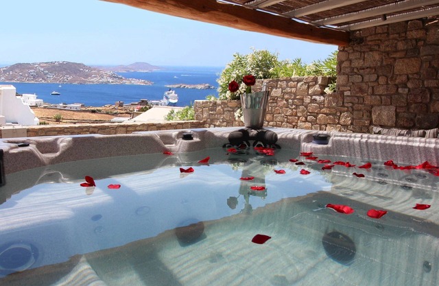 Elegant Mykonos Villa | Villa Rowena | 4 Bedrooms | Breathtaking Sea Views | Spacious Furnished Sun Terrace | Private Outdoor Hot Tub | BBQ Facilities | Shaded Outdoor Dining Area | Agia Sofia, Tourlos