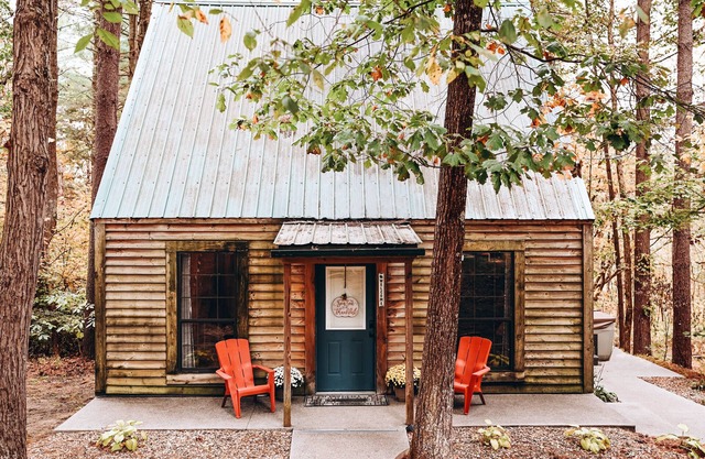Evergreen Hideaway es una cabaña enclavada bajo altos pinos.