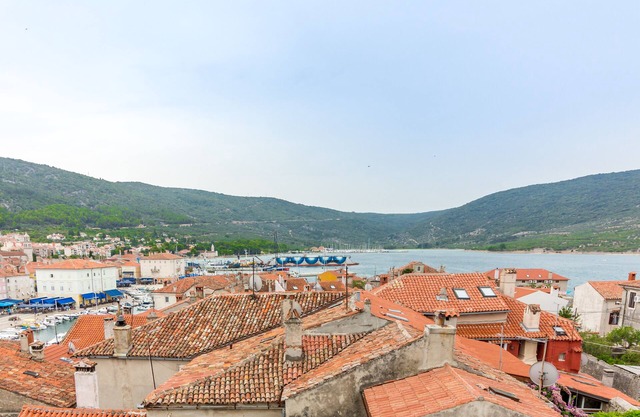 Bonita vista del puerto en Cres