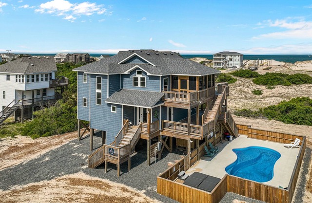Ocean-view home with private pool, hot tub, beach access, grill, fireplace, deck