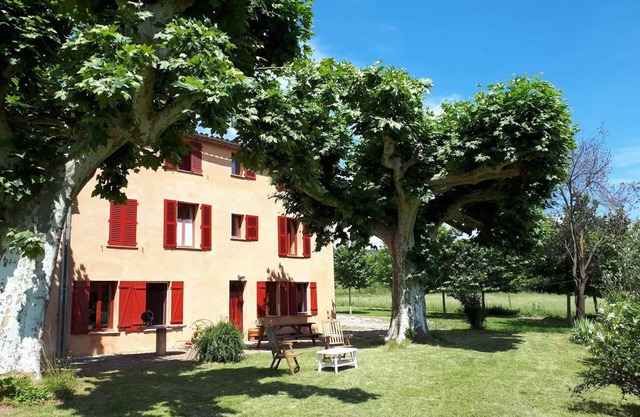 Provençal farm among olive trees; view of the hill from a large shaded terrace