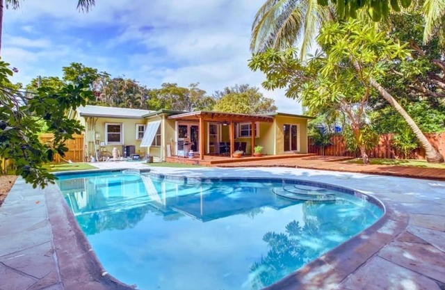 Tranquil Poolside Bliss Pergola Deck Turf Yard