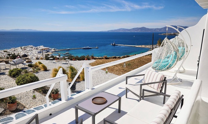 Mykonos Town Casa | Increíble vista panorámica desde el nuevo puerto hasta los famosos molinos de viento y más allá