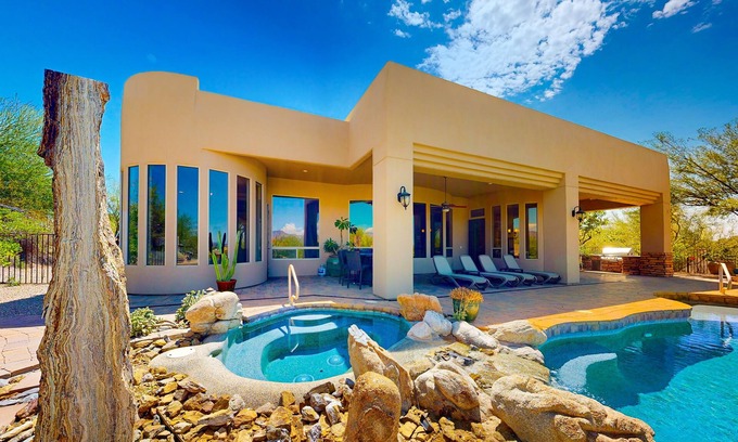 Black Mountain Shadows Casa | Beautiful mountain-view home with fireplace, private pool, grill, patio & W/D