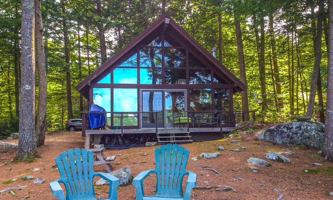 Meredith Cabaña | Chalet-style lakefront home with private dock, beach, kayak, canoe & epic view