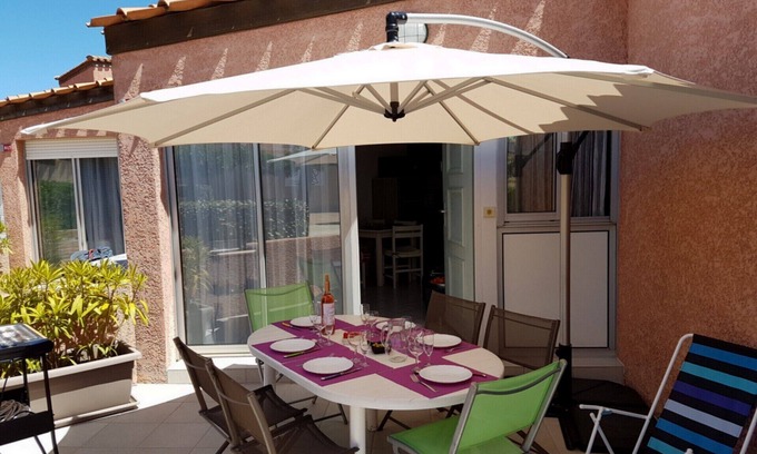 Saint-Cyprien Plage Villa | Una bonita y pequeña villa tt confort de 3 *, / piscina, parque infantil, 250m playa