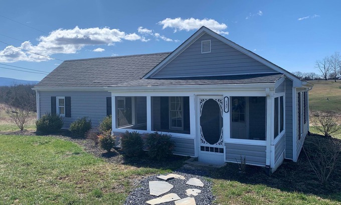 Front Royal Cabaña | Country cottage beside stocked pond on 40 acres and Blue ridge Mountain View