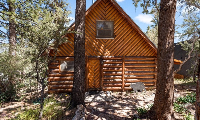 Big Bear City Cabina | Pet Friendly. Beautiful, cozy mid century log cabin. Mountain Views!