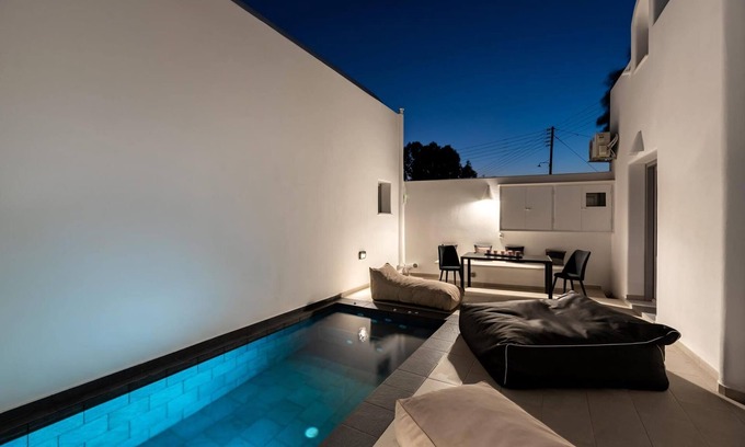 Perissa Villa | Dazzling Santorini Villa | Villa Luck | 2 Bedrooms | Furnished Sun Terrace with Private Heated Pool | Perissa