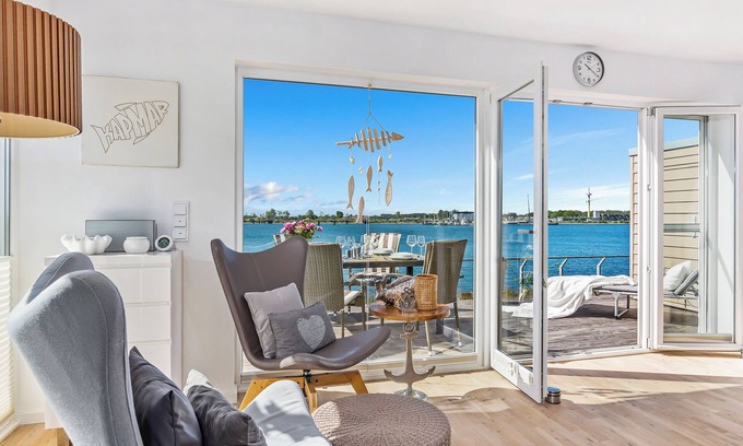 Olpenitz Apartamento | Cape Mar-EG: vista al puerto, terraza, baño de bienestar con sauna de infrarrojos e hidromasaje