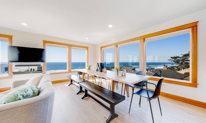 Lincoln City Casa | Dog-Friendly Coastal Retreat w/ Ocean Views, Private Hot Tub, & Gourmet Kitchen