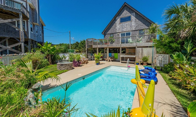 Buxton Casa | Dog-friendly home with private pool, firepit, fenced yard, covered patio, & deck