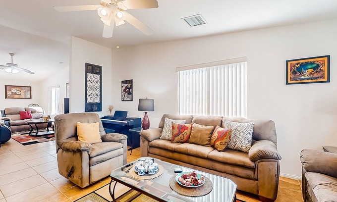 Desert Hot Springs Casa | Dog-friendly home with patio, grill, firepit, outdoor pool, tennis, & fireplace