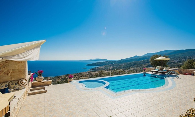 Varvara Villa | Elegant Zakynthos Villa | Villa Kingsley | 4 Bedrooms | Breathtaking Sea Views | Spacious Furnished Sun Terrace | Private Outdoor Pool with Hydro Massage Spot | Shaded Outdoor Dining Area | Agios Nikolaos