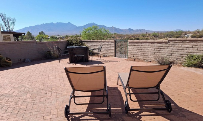 Desert Hills Estates Casa | Enjoy breathtaking mountain views from large patio, primary suite & Arizona room