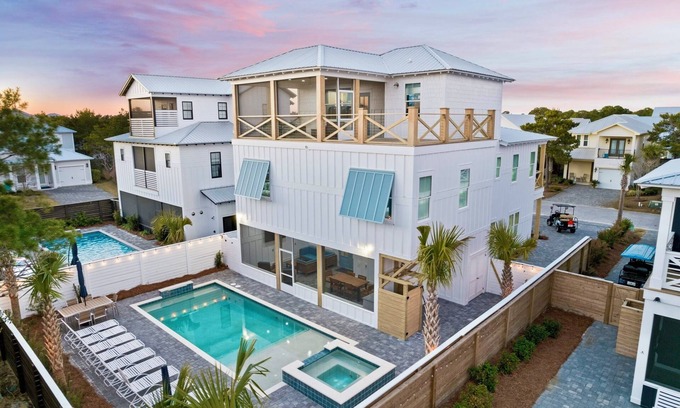 Frangista Beach Casa | Funky Flamingo: Private beach steps away, Heated pool, Golf cart, Game room
