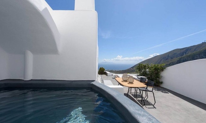 Pyrgos Villa | Glorious Santorini Villa | Villa Nymphadora | 2 Bedrooms | Children Older than 12Y are Allowed | Breathtaking Sea Views | Outdoor Dining Area | Furnished Sun Terrace | Private Outdoor Heated Plunge Pool | Pyrgos