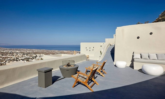 Pyrgos Villa | Impressive Santorini Apartment | 1 Bedroom Suite | Apartment Moe | Furnished Sun Terrace with Amazing Sea Views | Outdoor Private Heated Jacuzzi | Kastelli, Pyrgos Kallistis
