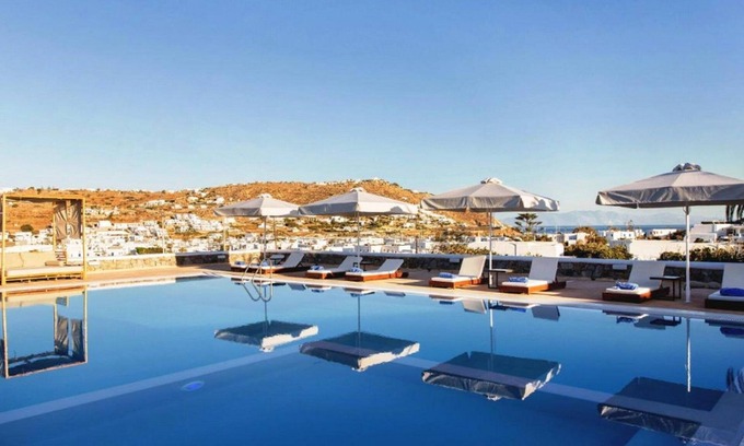 Ornos Villa | Incredible Mykonos Apartment | Apartment Revchi | 2 Bedrooms | Family Garden View Suite | Spacious Shared Swimming Pool Surrounded with Furnished Sun Terrace | Korfos, Ornos
