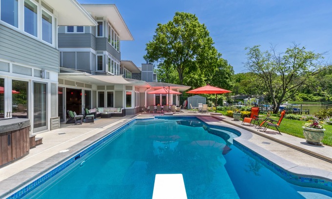Annapolis Casa | Lakefront home with private pool, hot tub, outdoor space, central AC, & W/D