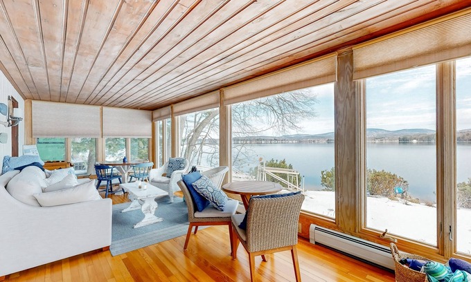 Laconia Casa | Lakefront spacious all season home w/dock, deck, outdoor kitchen, sunrise views