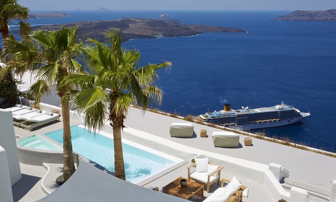 Firostefani Villa | Lujosa villa privada con 3 dormitorios, piscina privada y vistas increíbles.