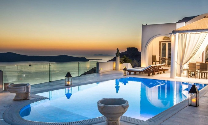 Firostefani Villa | Magnificent Santorini Villa | 3 Bedrooms | Villa Bacchus | Private heated pool & Alfresco Pergola Dining Area | Firostefani