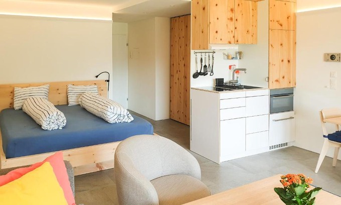 Champfer Apartamento | Modernes Alpenstudio mit Bergblick, Pool und Sauna