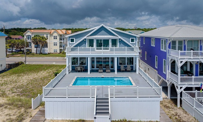 Kure Beach Casa | NEW! Ocean Front luxurious 6 bedroom home Pool, Elevator, and on the Beach!