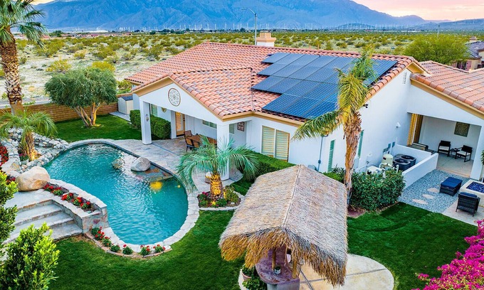 Desert Hot Springs Casa | NEW: Pool, Spa, Tiki Bar, Mini Golf, Firepit, Desert Views