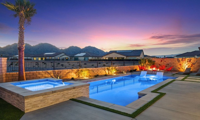 La Quinta Villa | Newly Built Mountain View Oasis: Putting Green, Pool, Hot Tub & Fire Pit.